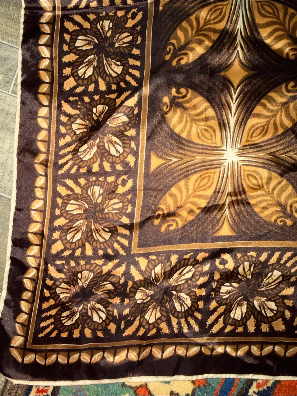 Vintage Polynesian Tapa Siapo Print Square Silk Scarf Earthy Brown Gold Boho